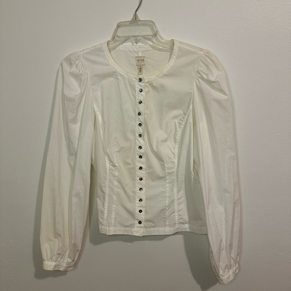 Anthropologie White Puff Sleeve Blouse with Mandarin Collar